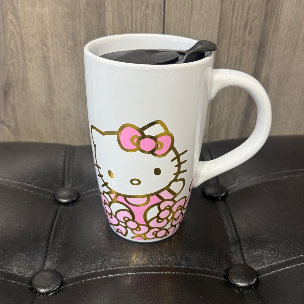 New Hello Kitty Pink Bow 16oz Ceramic Travel Mug With Lid & Gold Accents